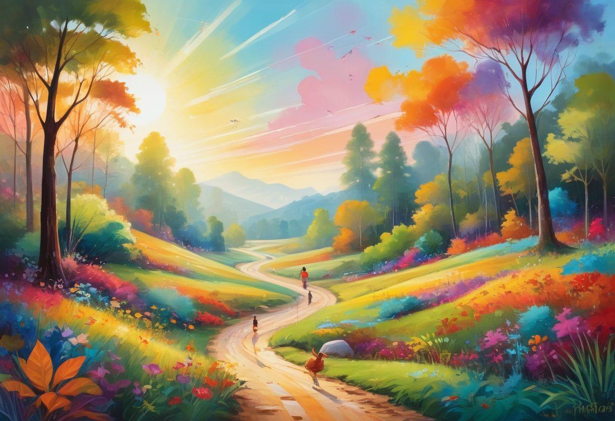 A whimsical scene depicting the transformative journey from quirky to blissful, featuring vibrant colorful elements like abstract shapes and cheerful characters engaging in joyful activities, surrounded by nature, with rays of sunshine illuminating the scene. The blend of quirky and serene elements highlights how Kudurdum fosters joy. vibrant colors. painting.