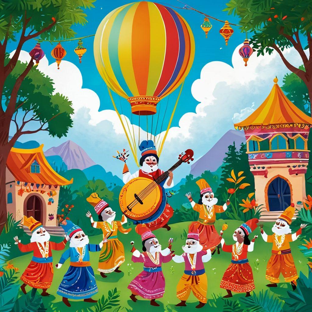 A whimsical, colorful celebration scene featuring playful characters embodying the essence of Kudurdum, surrounded by vibrant decorations, traditional instruments, and joyful interactions. The background showcases a dreamy landscape, with a bright sky and lush greenery, capturing a sense of festivity and community. Emphasize the joyful expressions and dynamic movements of the characters. bright colors. illustrated style. whimsical.