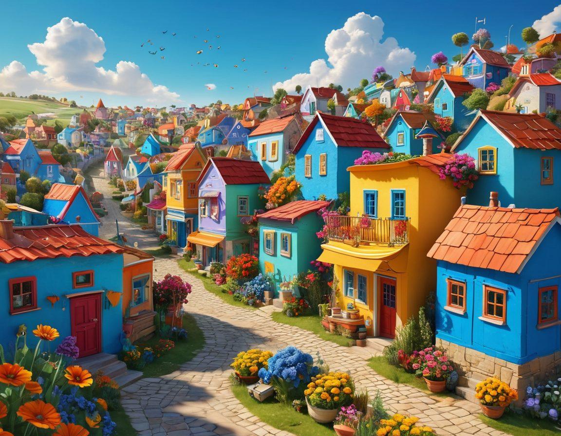 A whimsical landscape featuring a vibrant, quirky town of Kudurdum with colorful houses, unusual architecture, and playful characters engaged in joyful activities. Include elements like oversized flowers, flying books, and cheerful, smiling suns in a bright blue sky. Capture an atmosphere of adventure and creativity, inviting viewers to explore this extraordinary world. 3D. vibrant colors.
